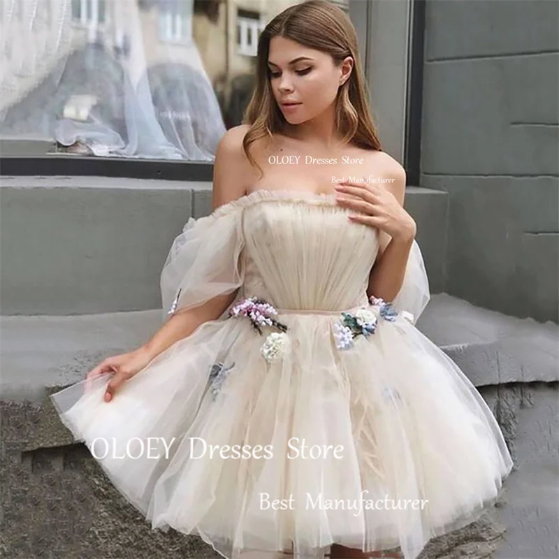 OLOEY Off the Shoulder Tulle Short Wedding Dresses Country Sleeves Puff Sleeves Mini Bride Gowns Pastrol Prom Party Dress