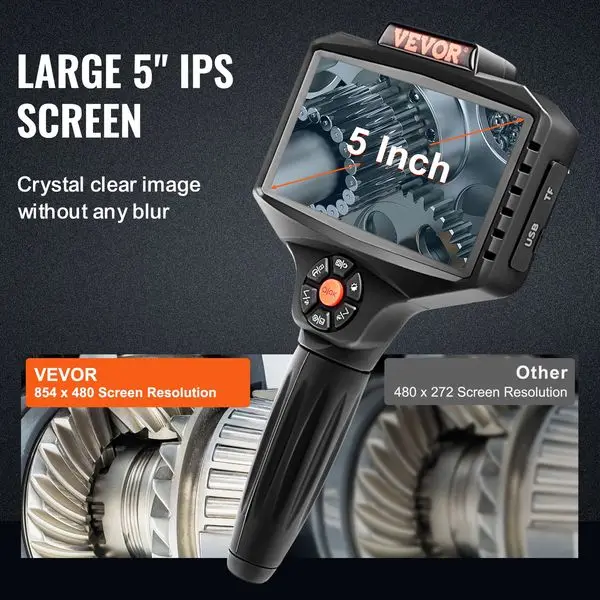 VEVOR トリプルレンズ工業用内視鏡、5' IPS スクリーンボアスコープ検査カメラ、ライト付き、分割画面、8x ズーム、IP67 防水