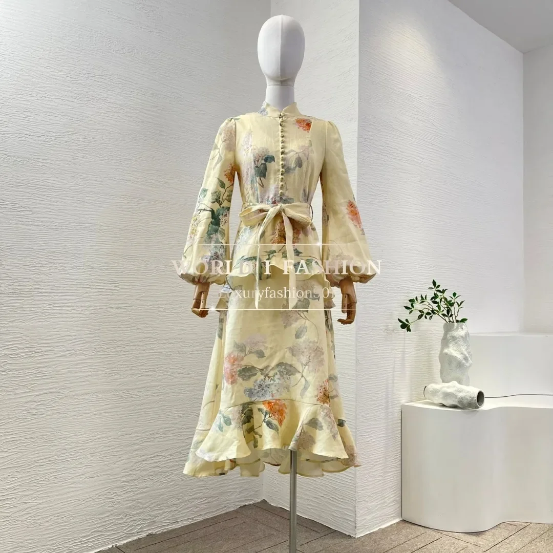 

High Quality Yellow Floral Print Long Sleeve Irregular Hem Midi Dress