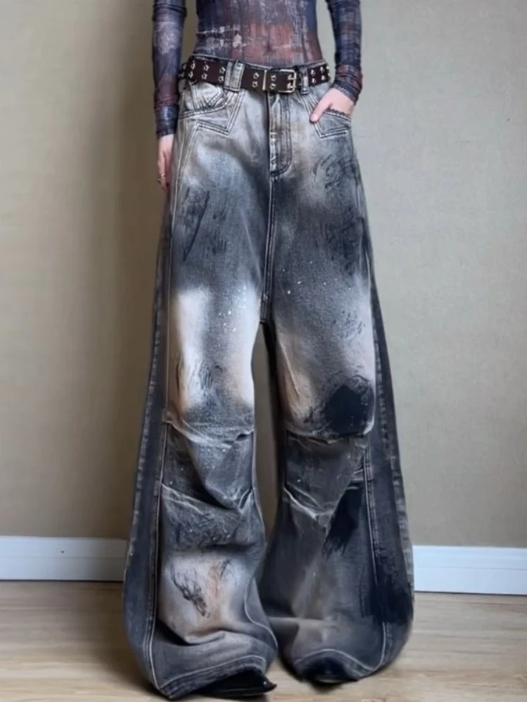 

American Vintage Oversized Jeans Tie Dye Pleated Design High Waist Casual Loose Wide Leg Pants Y2k High Street Women's Clothing