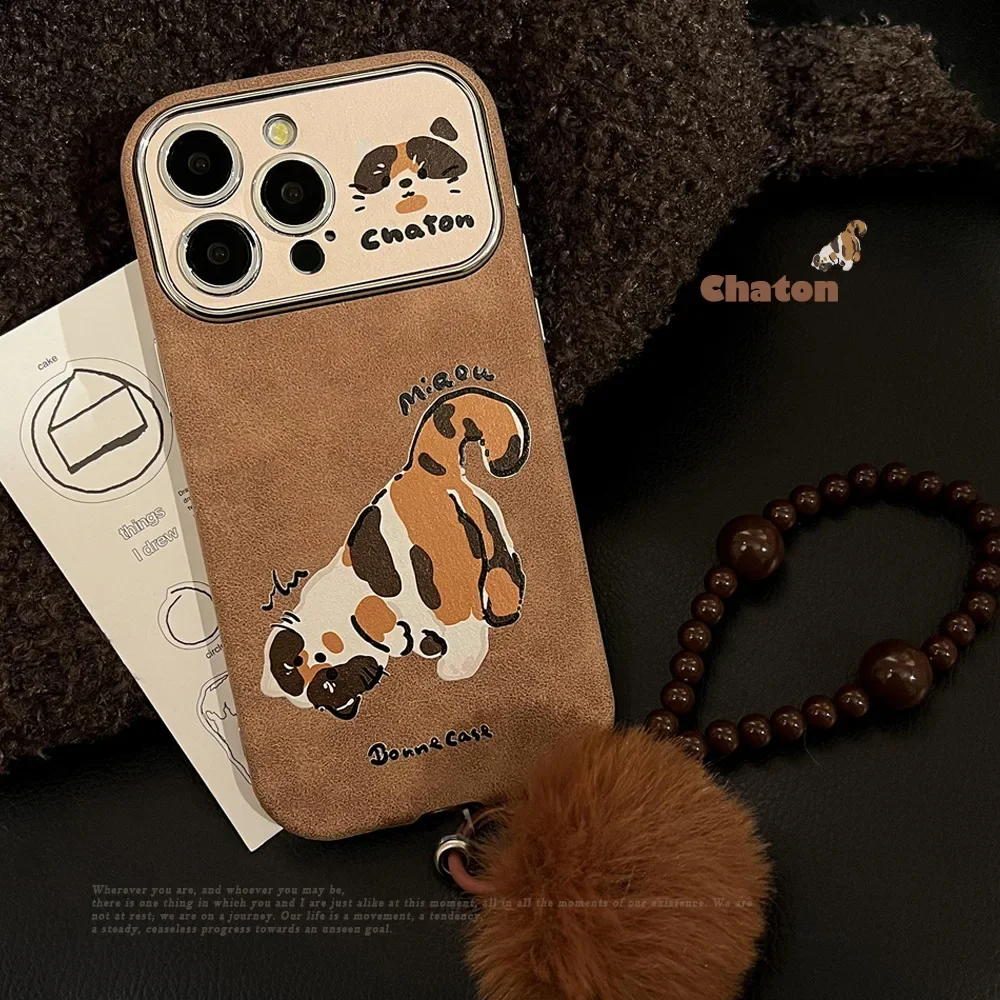 Autumn Winter Retro Coffee kitten cat Suede art Phone case For iPhone 16 15 14 13 12 11 Pro Max Case Cute Luxury Cartoon Cover