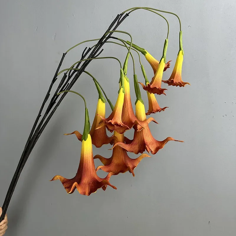 2 Buah Dekorasi Auditorium Bunga Buatan PU Cabang Datura Gantung Simulasi Bunga Buatan Berkualitas Tinggi Daturas Oranye