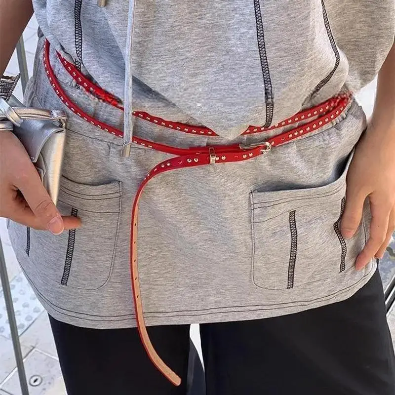 

Korean-style Fashion Studded Slim Belt Long, Double-layered Pu Belt Sweet-style Dress With Decorative Belt Y2k-inspired Belt