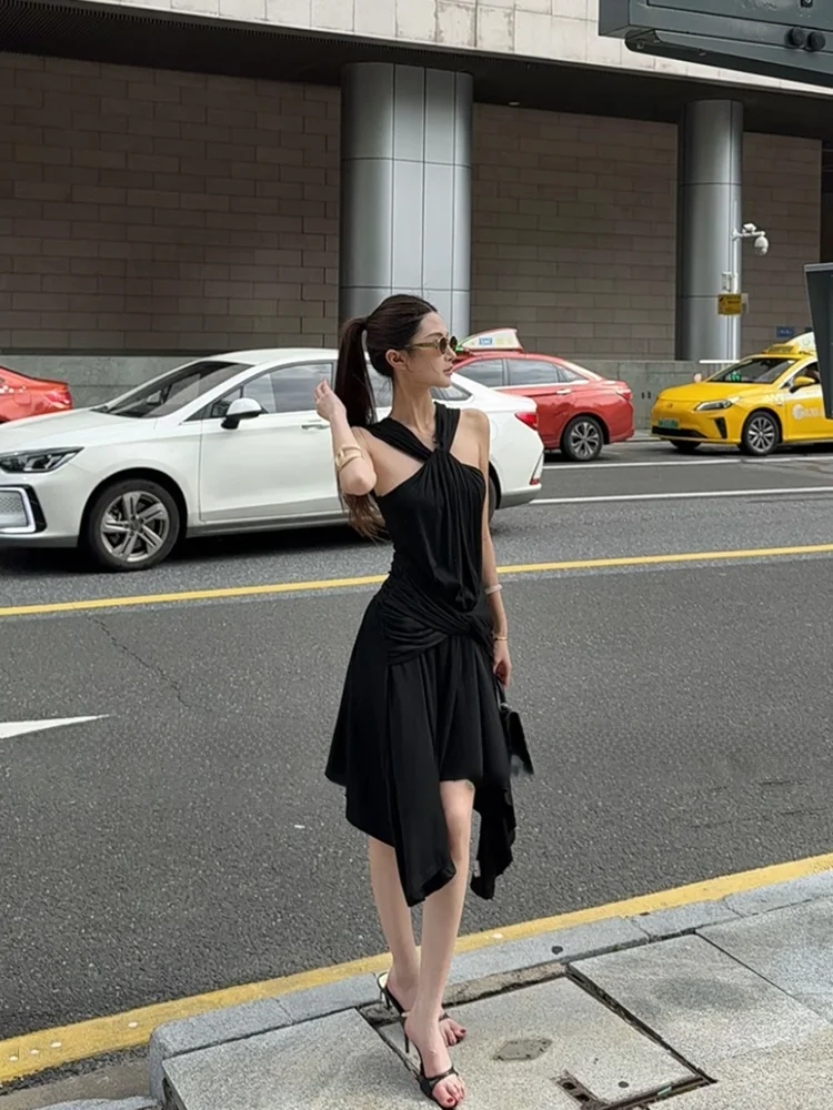

Sexy Black Knot Neck Midi Skirt for plus Size Women Summer Vintage Asymmetrical Waist Cinched A-Line Dress Urban Commute Date