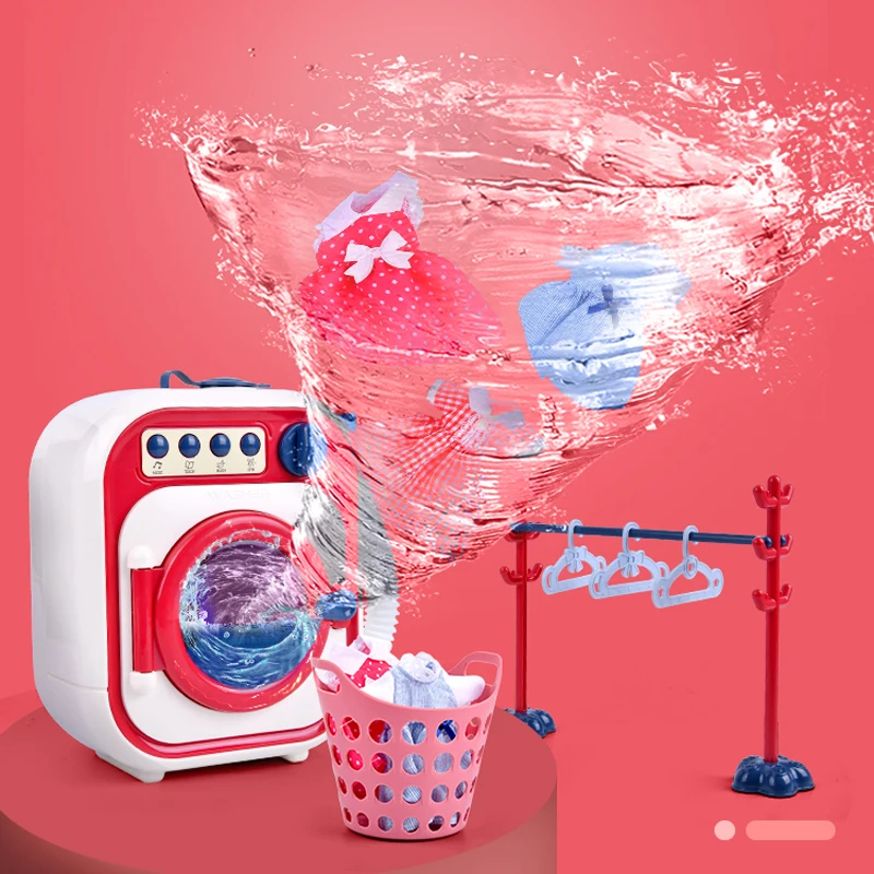 Kids Washing Machine Set Mini Simulation Electric Toys With Lights And Buttons Pretend Play Rotate Cleaning Toys For Kids Age 3+