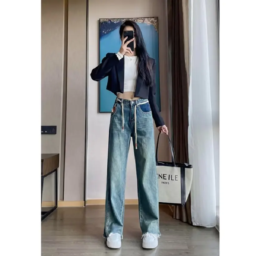 Damesjeans Wijde broek Baggy jeans Hoge taille Gewassen blauw 2025, Herfst Winter Koreaanse mode Veelzijdige slim fit broek