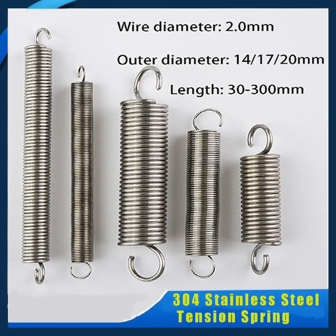 1Pcs 2.0mm 304 Stainless Steel Hook Stretch Spring Length 50mm-300mm with S-Shaped Hook Tension Spring Spiral Tension Spring