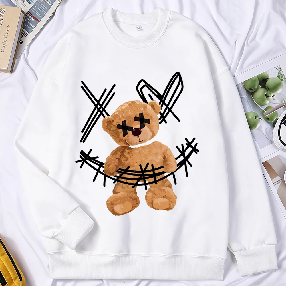 

Мужские толстовки в стиле ретро с принтом мультяшного медведя, уличная повседневная спортивная одежда, флисовый пуловер, модная свободная одежда унисекс