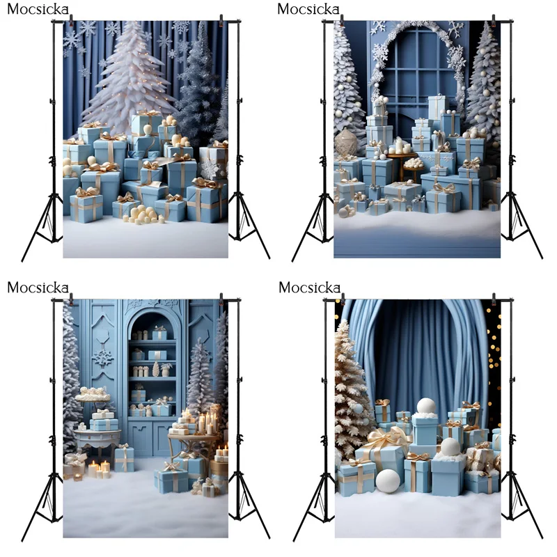 

Mocsicka Christmas Kids Portrait Photo Backgrounds Soft Xmas Tree Blue Gift Box Candle Professional Photography Studio Props