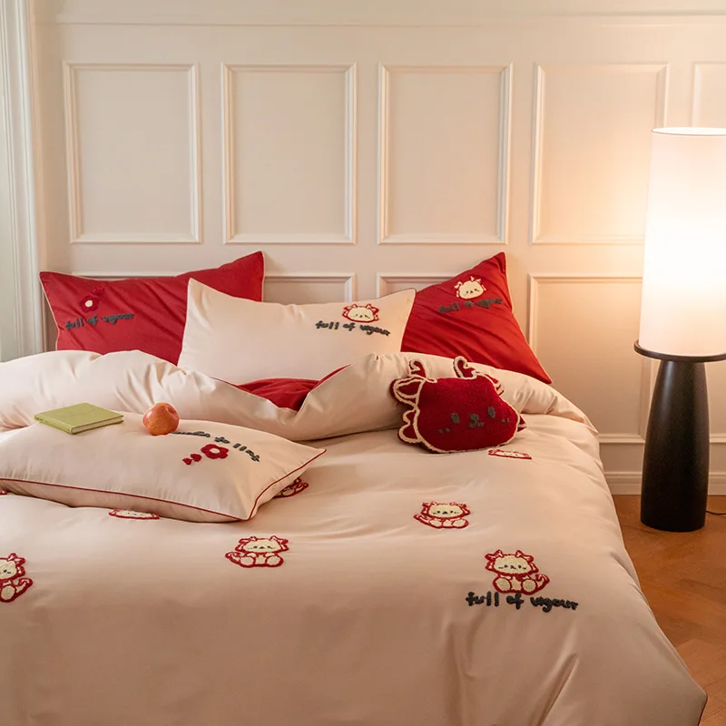 

High-end children's long velvet bed naked four-piece set bed cover, all-cotton pure cotton sheet and quilt cover, three-piece se