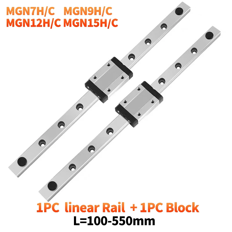 1pc MGN7 MGN9 MGN12 MGN15 MGN Miniature Linear Rail 100-1000mm + 1pc MGN7H/C MGN9H/C MGN12H/C MGN15H/C Slide Block For CNC Parts