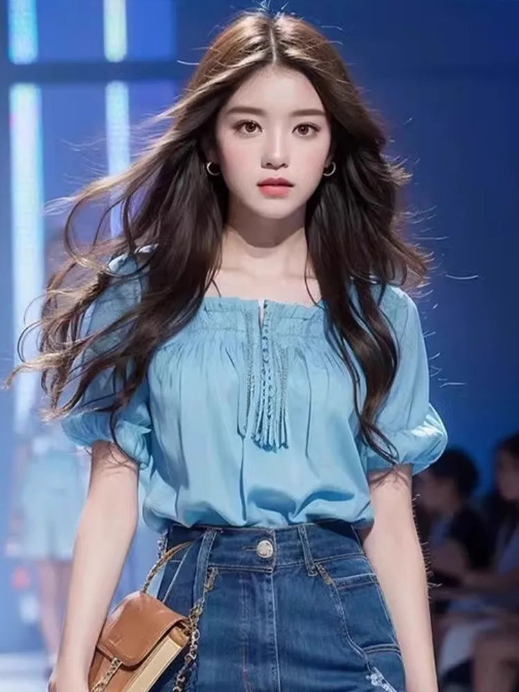 Boweylun Blue Bubble Sleeve Square Neck Short Sleeve Shirt Women Summer Fashion French Tops Pullover Girls