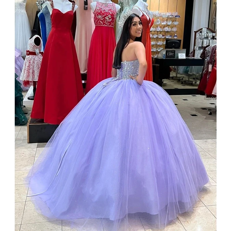 Angelsbridep Lavendel Quinceanera Jurken Baljurken Ballkleider V-Hals Feestjurken Sprankelende Kristallen Kralen Vestido De Noiva