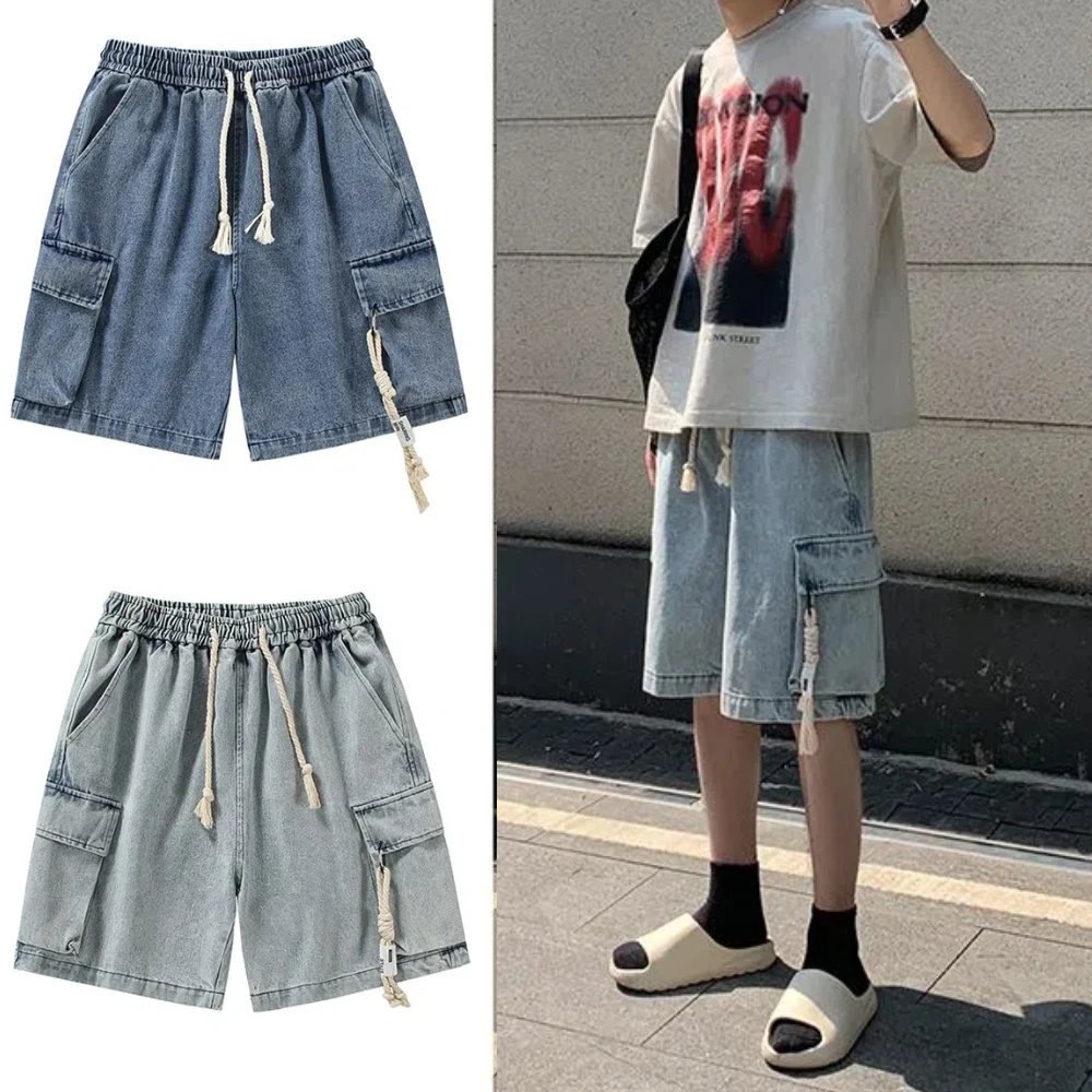 

Уютные джинсовые шорты на шнурке, мужские широкие брюки с высокой талией, мешковатые синие короткие джинсы, свободные брюки, джинсовые брюки длиной до колена для колледжа