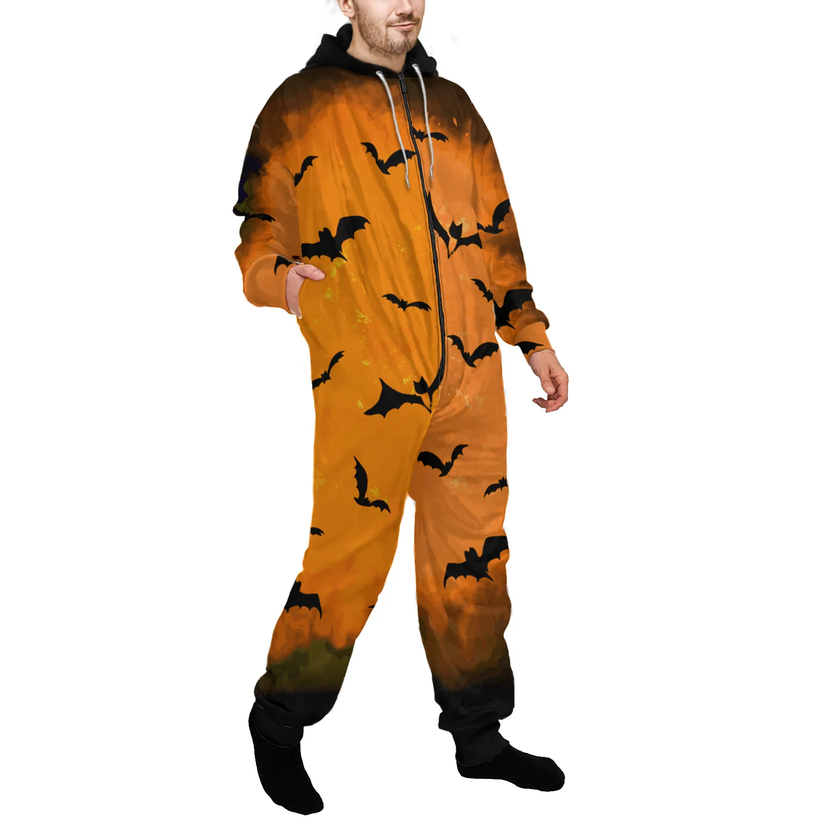 Men Onesie Zipper Pijama Hooded Pajamas Sleepwear Overall Onepiece Halloween Skull Print Jumpsuit