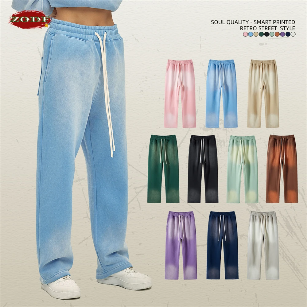 ZODF Retro Winter Washed 360sm Fleece Sweatpants For Men Unisex Casual Loose Gradient Distressed Straight Pants HY0642