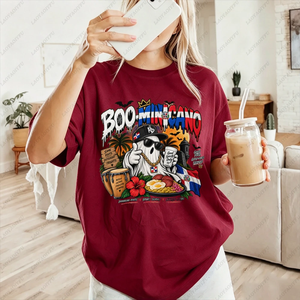 Boo Minicano Dominican Republic Cool Ghost Graphic Women Casual Short Sleeve T-Shirt Funny Spooky Latin Pride Gift Crewneck