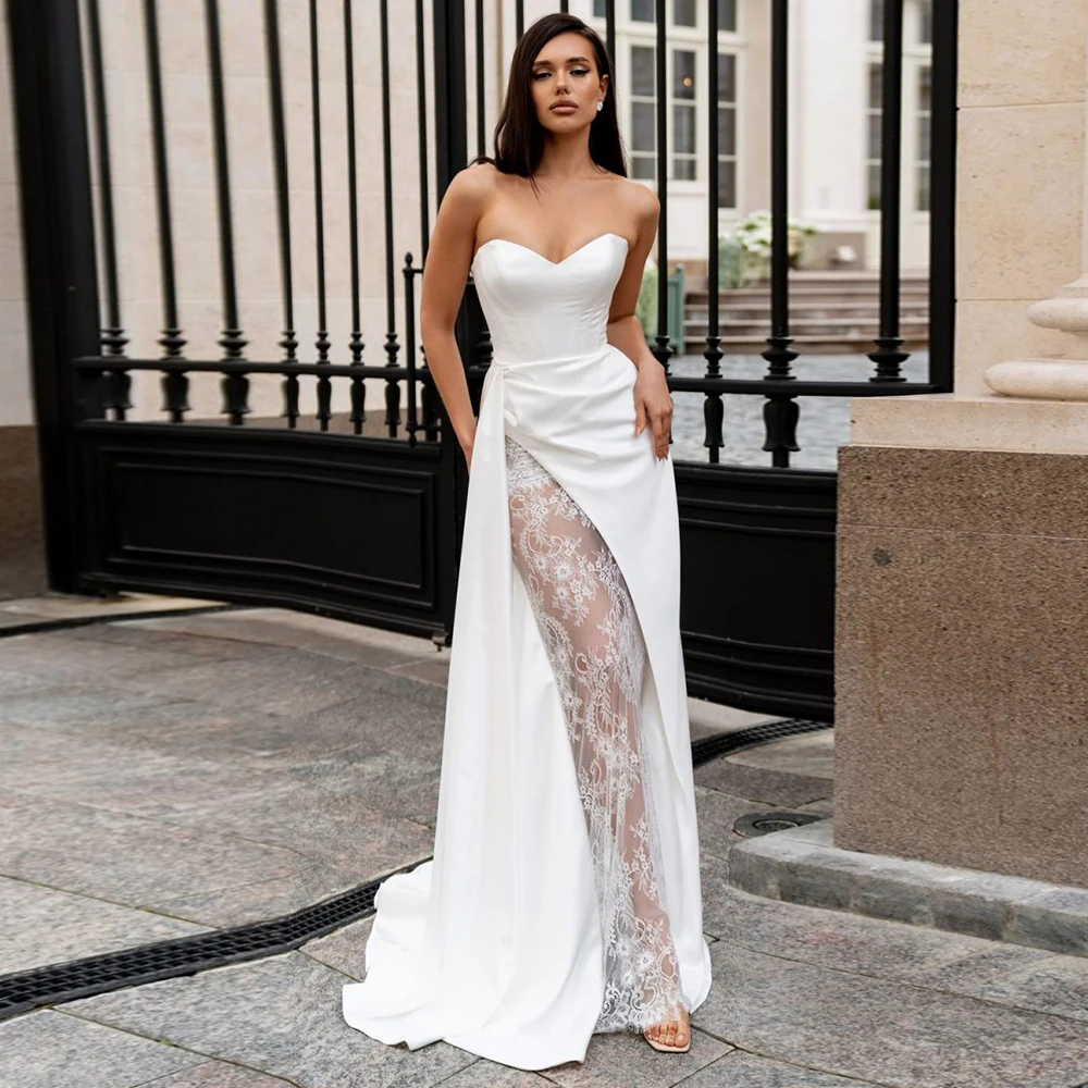 Charming Contemporary Bridal Gowns Jersey Sheath/Column Wedding Party Dresses White Sweetheart Lace Side Split Wedding Dresses