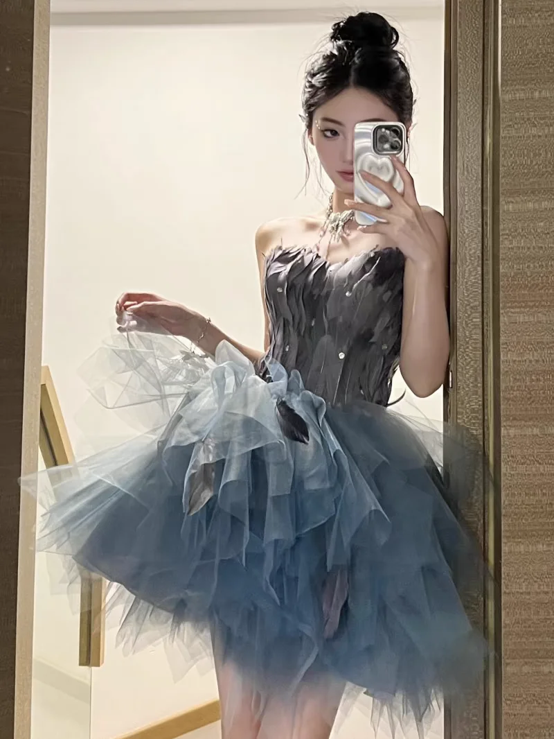Smart Strapless Sweetheart Skinny Feather Blue Gray Bridesmaid Dress/Unique Party Dress 1099