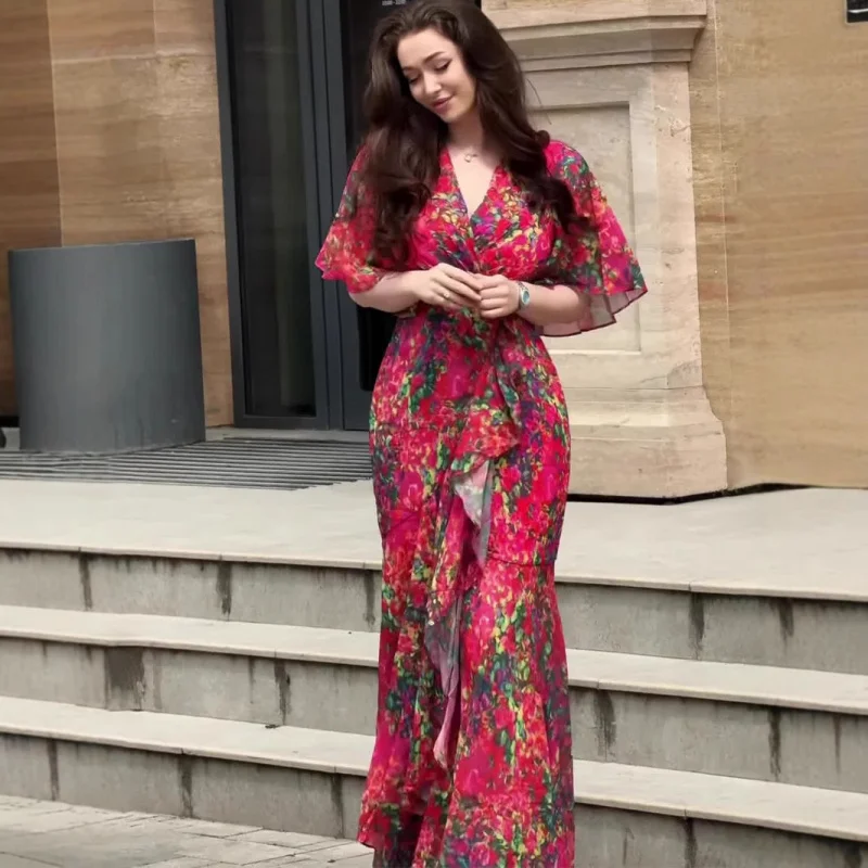 

2025Spring new style sexy elegant temperament short-sleeve long dress sweet dress for women