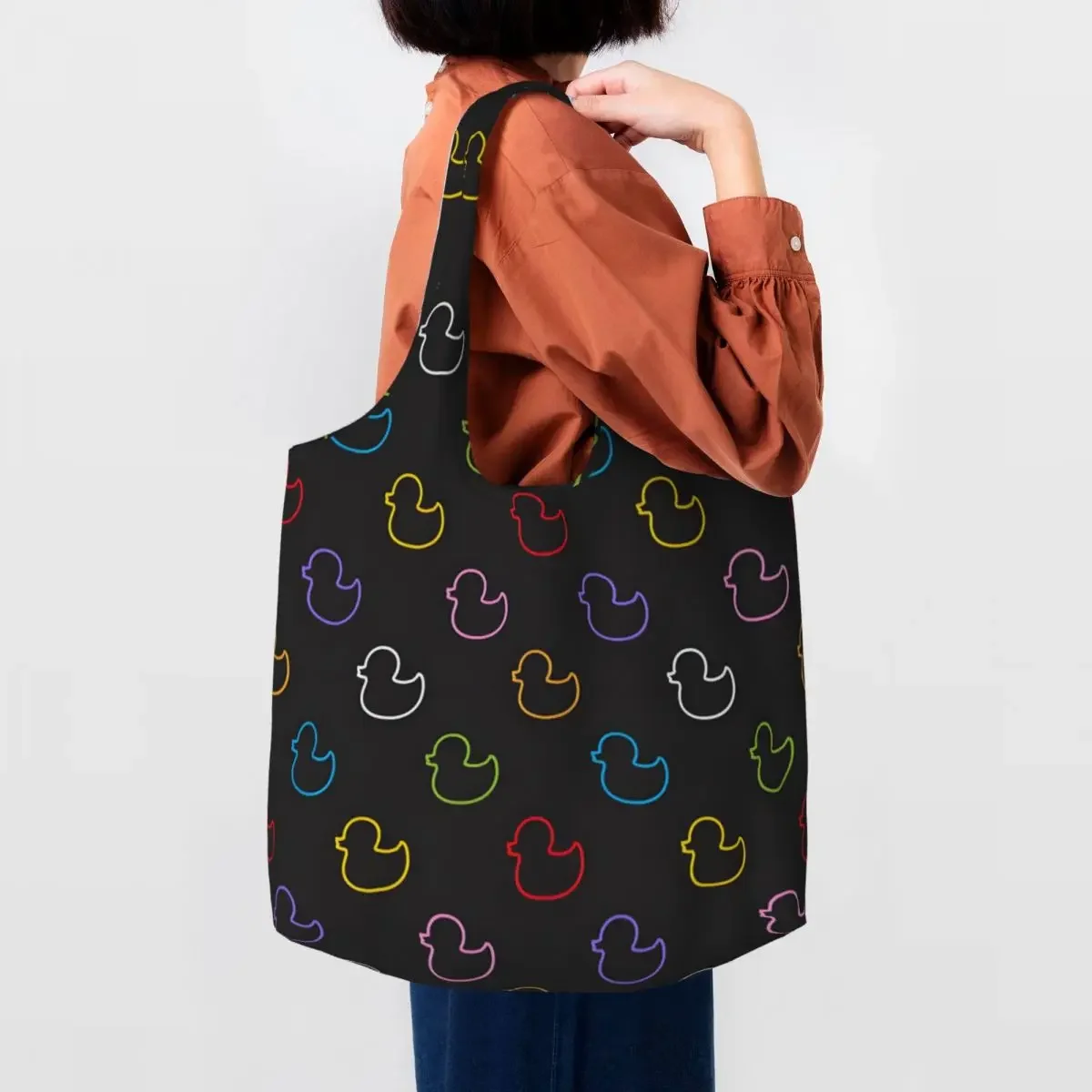 Custom Kawaii Multicolour Duck Pattern Shopping Tote Bags Recycling Canvas Grocery Shopper Shoulder Bag