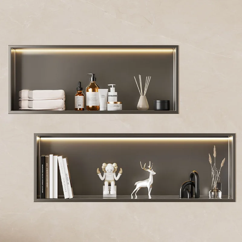 Horizontal Stainless Steel Wall Niche Cabinet  Embedded Storage Shelf with Light  Durable Bathroom Organizer for Small Space
