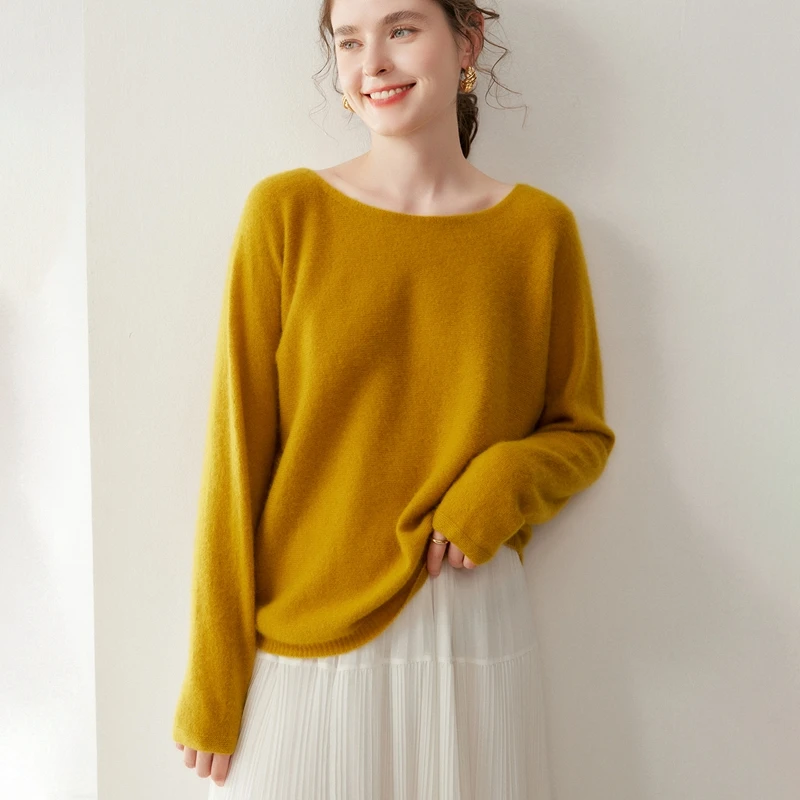 

Women's 100% Cashmere One-Shoulder Collar Solid Color Pullover Casual Minimalist Sweater Comfortable Loose Autumn Winter Knitted