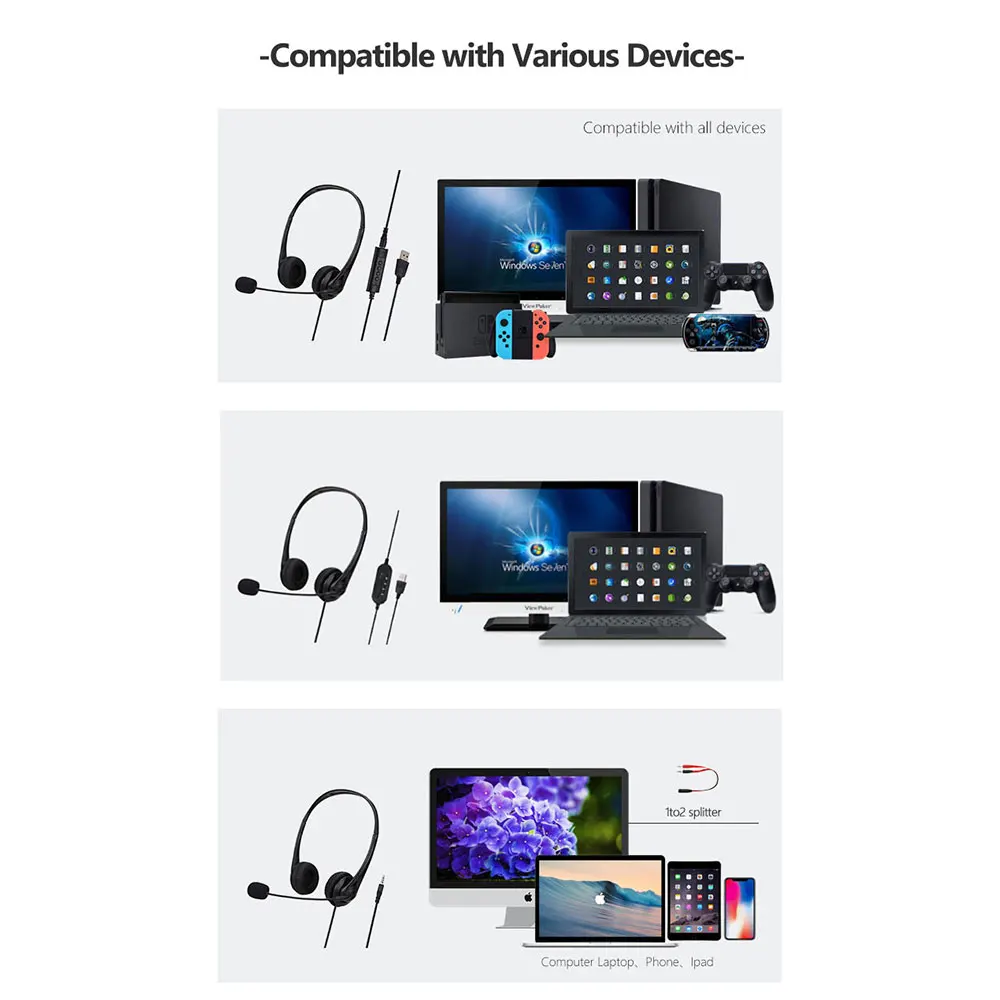 3.5mm Wired Headset Wired Control USB Port Computer Headphones With Microphone For Office Home Network Class Student Education