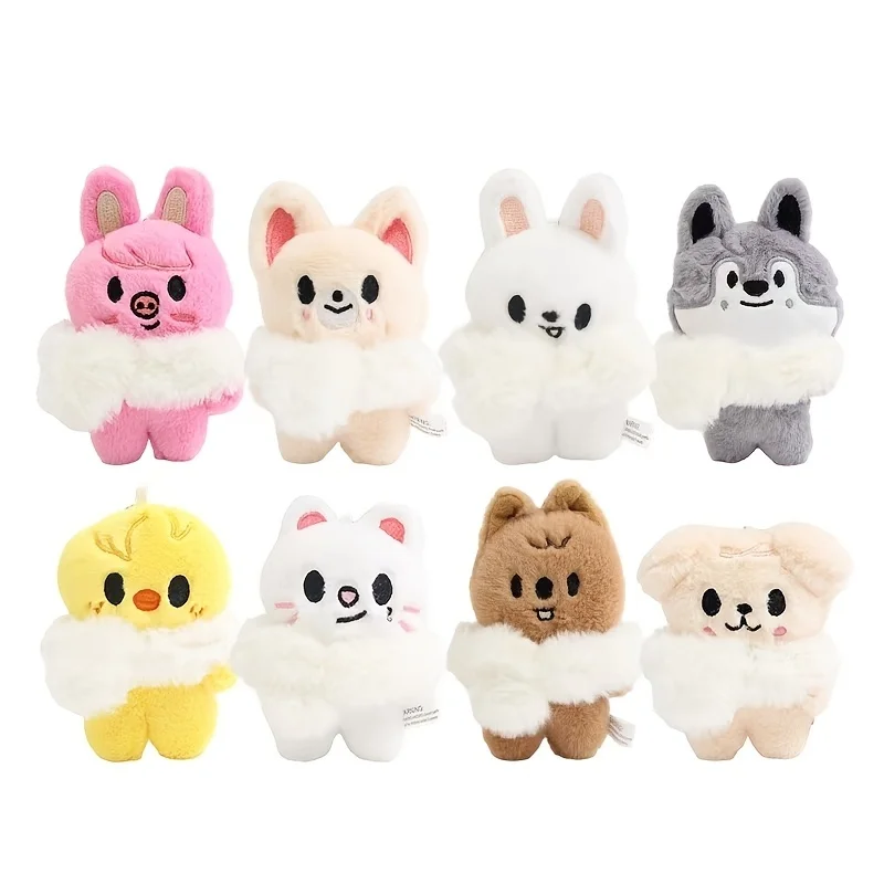 

8 Styles Cute Plush Animal Keychains with White Scarf, Soft Stuffed Toy Charms for Backpack, Purse, Key Ring, Adults Gift