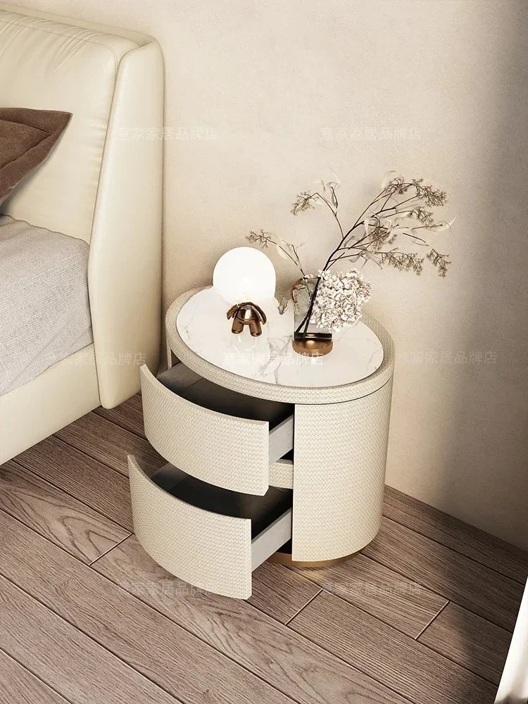 Italian Affordable Luxury Style Bedside Table Home Bedroom High-Grade Oval Leather Simplicity Design Storage Cabinet Furniture