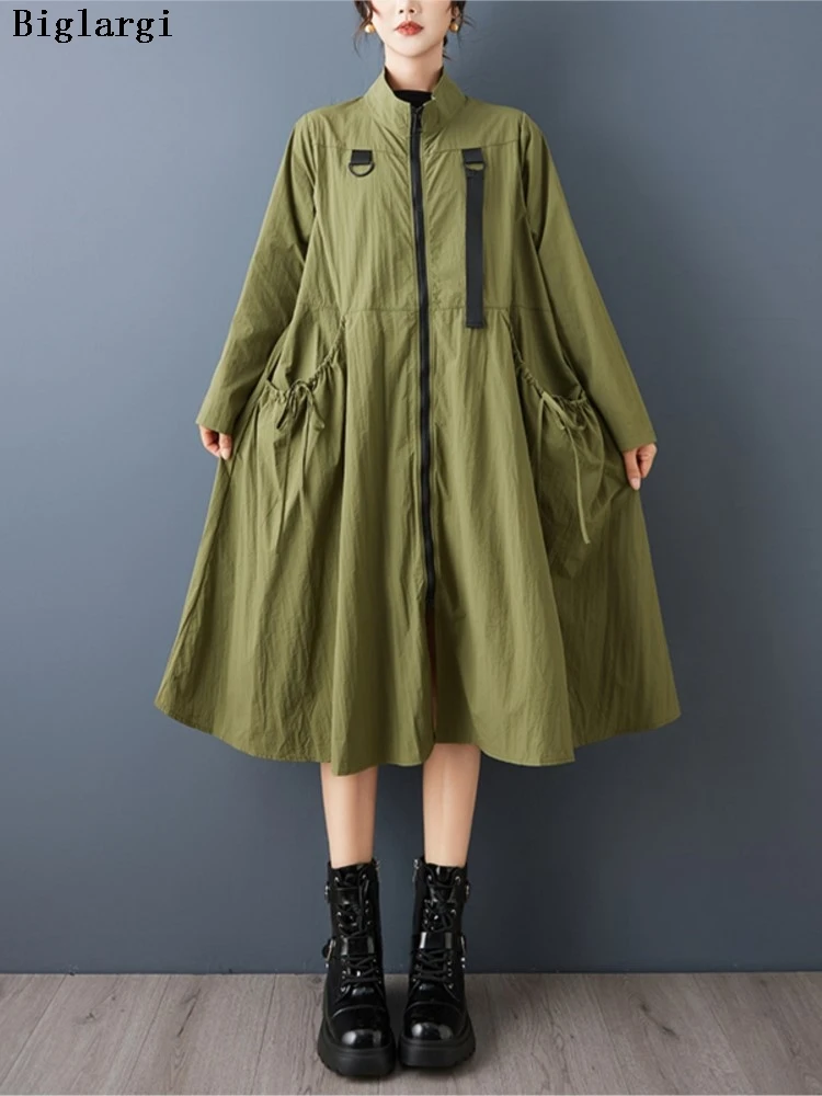 

Oversized Autumn Midi Trench Coat Women Ruffle Pleated Irregular Modis Ladies Windbreak Jackets Loose Casual Woman Trench Coats
