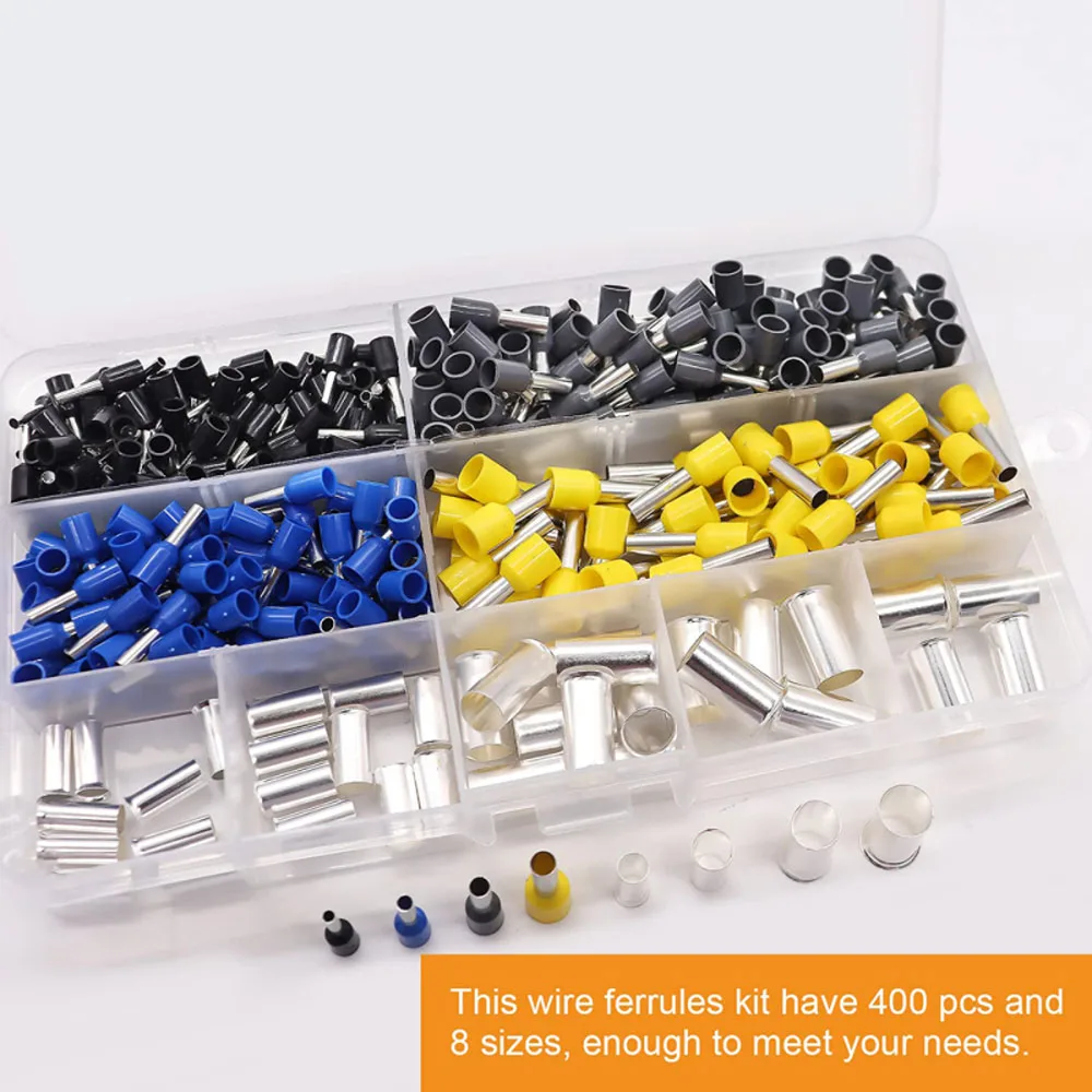 400PCS Silver Plated Copper Ferrules Wire Ends Terminals Crimp Connector Sleeves 8 Sizes AWG(16 14 12 10 8 6 4 2) M-115