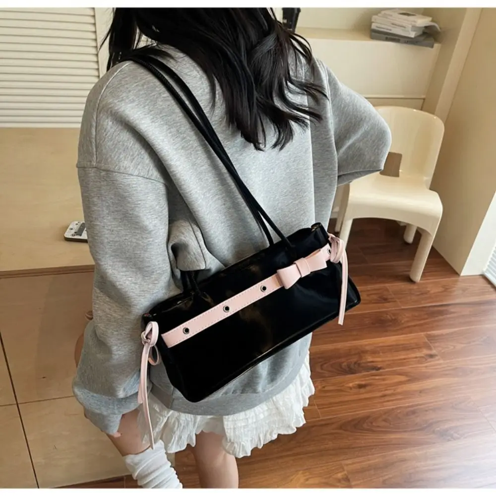 

Портативная милая французская сумка Y2K, большая вместительная сумка через плечо с бантом и лентой из искусственной кожи, сумка для подмышек для девочек