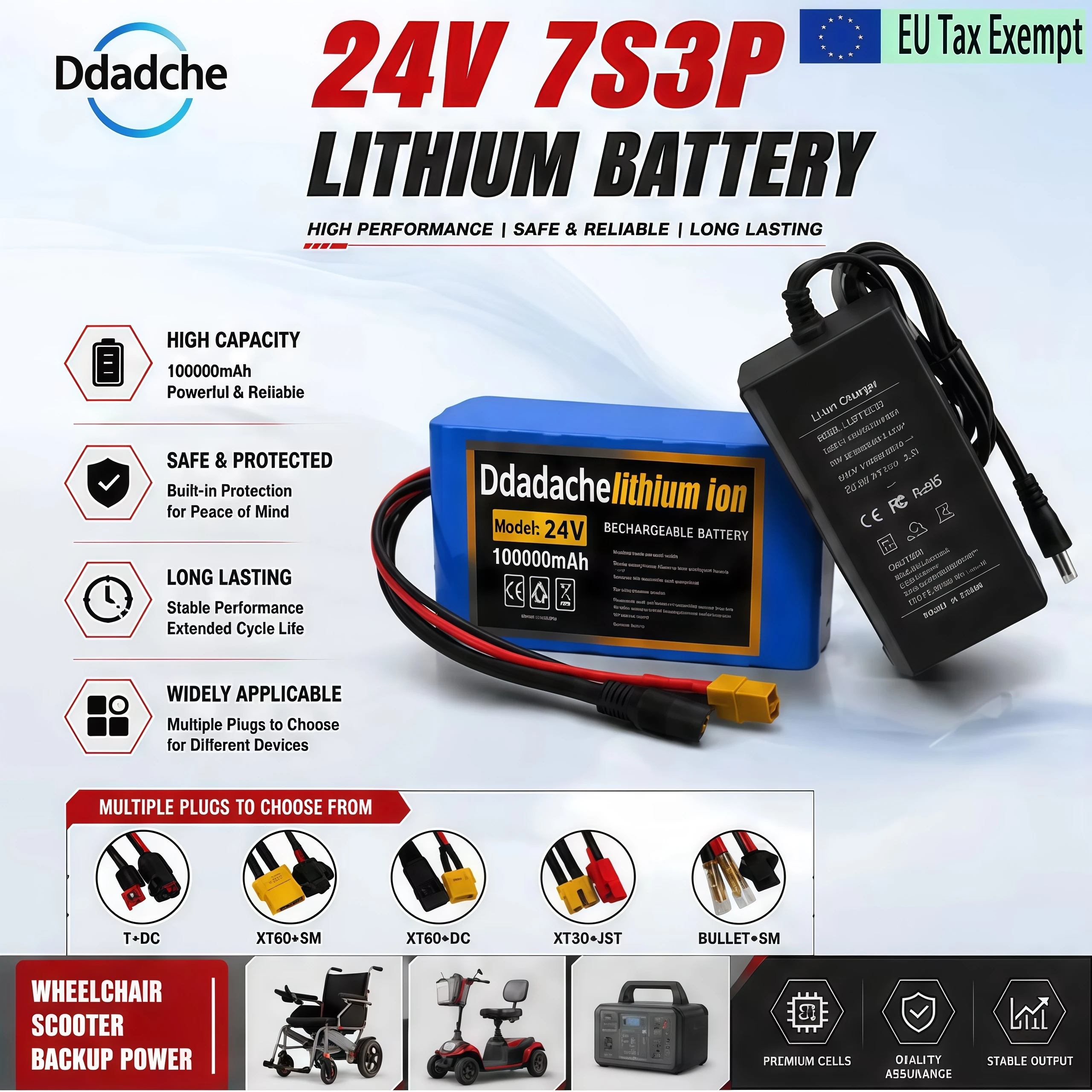 Convient aux motos électriques et aux fauteuils roulants électriques, batterie lithium-ion 24V 7S3P 100Ah avec BMS intelligent + chargeur 29.4V