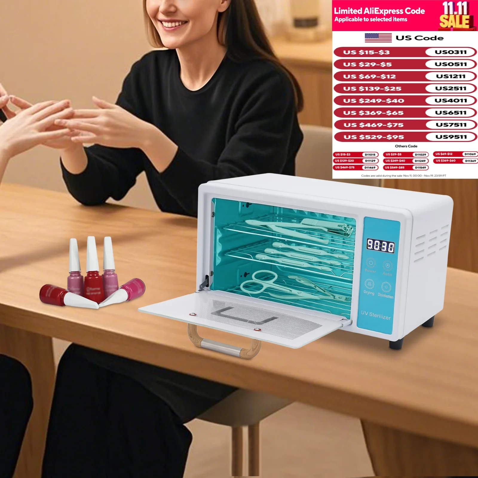 

160W Nail Cleaner Drying Box Multi-Functional Sterilizer for Nail, Barber and Dental Tools 110V Black/White/Pink