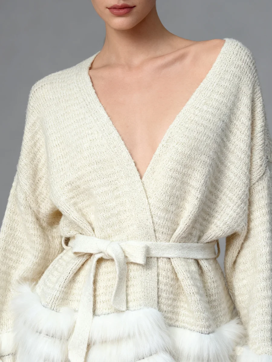 TWOTWINSTYLE Solido Allentato Impiombato Lace Up Eleganti Giubbotti per Le Donne Con Scollo A V Maniche Lunghe Patchwork Pelliccia Volant Giacca Femminile Nuovo