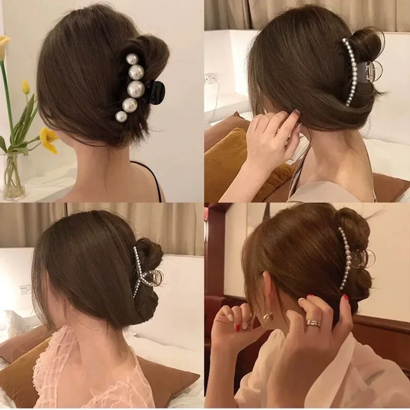 Elegant Big Pearl Hair Claws for Women Fashion Acrylic Hair Clips Girls Large Size Barrette Shark Clip Trendy Hair Accessories