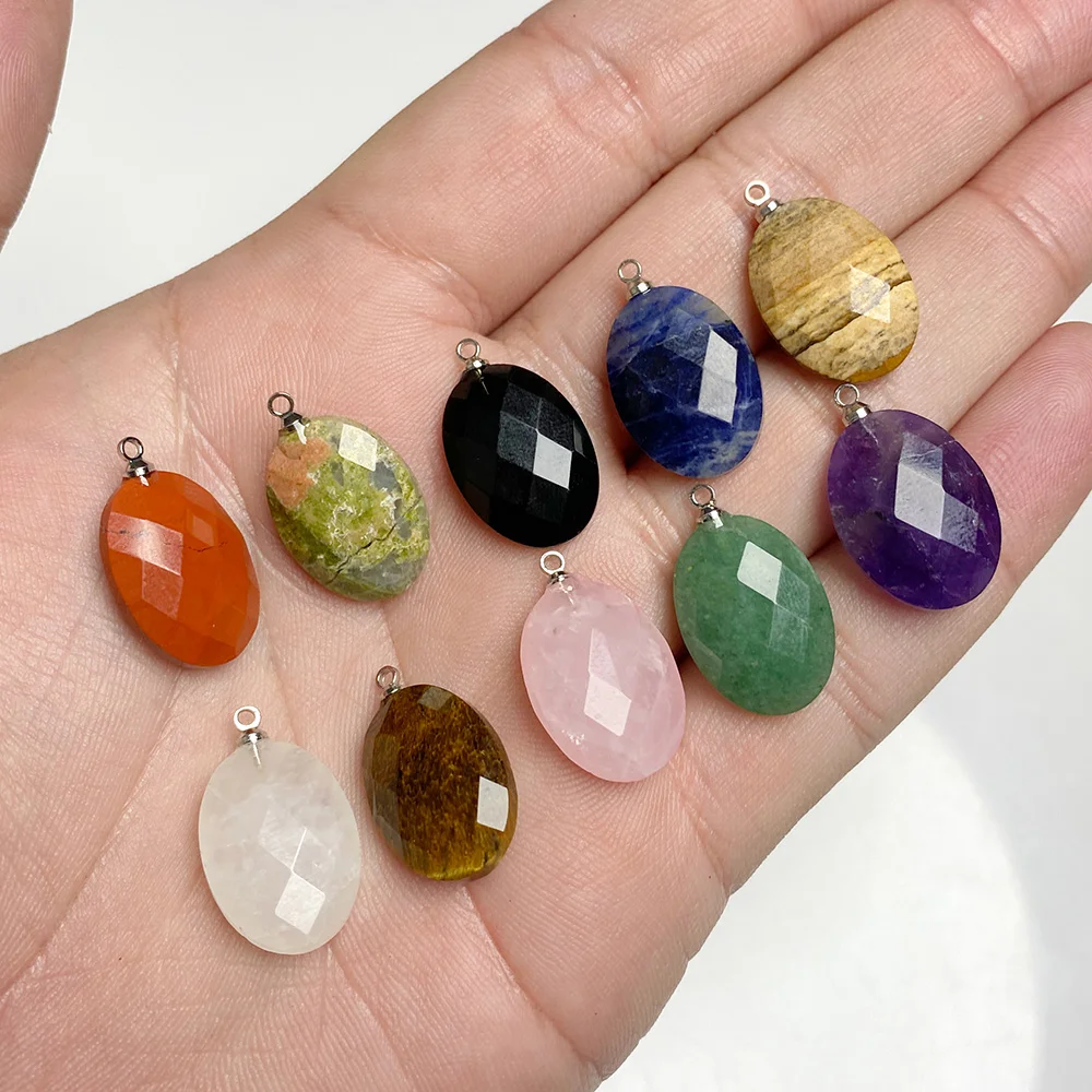 5pcs 13x18mm Natural Stone Amethyst Agate Tiger Eye Faceted Oval Pendants Single Hole DIY Necklace Jewelry Accessories