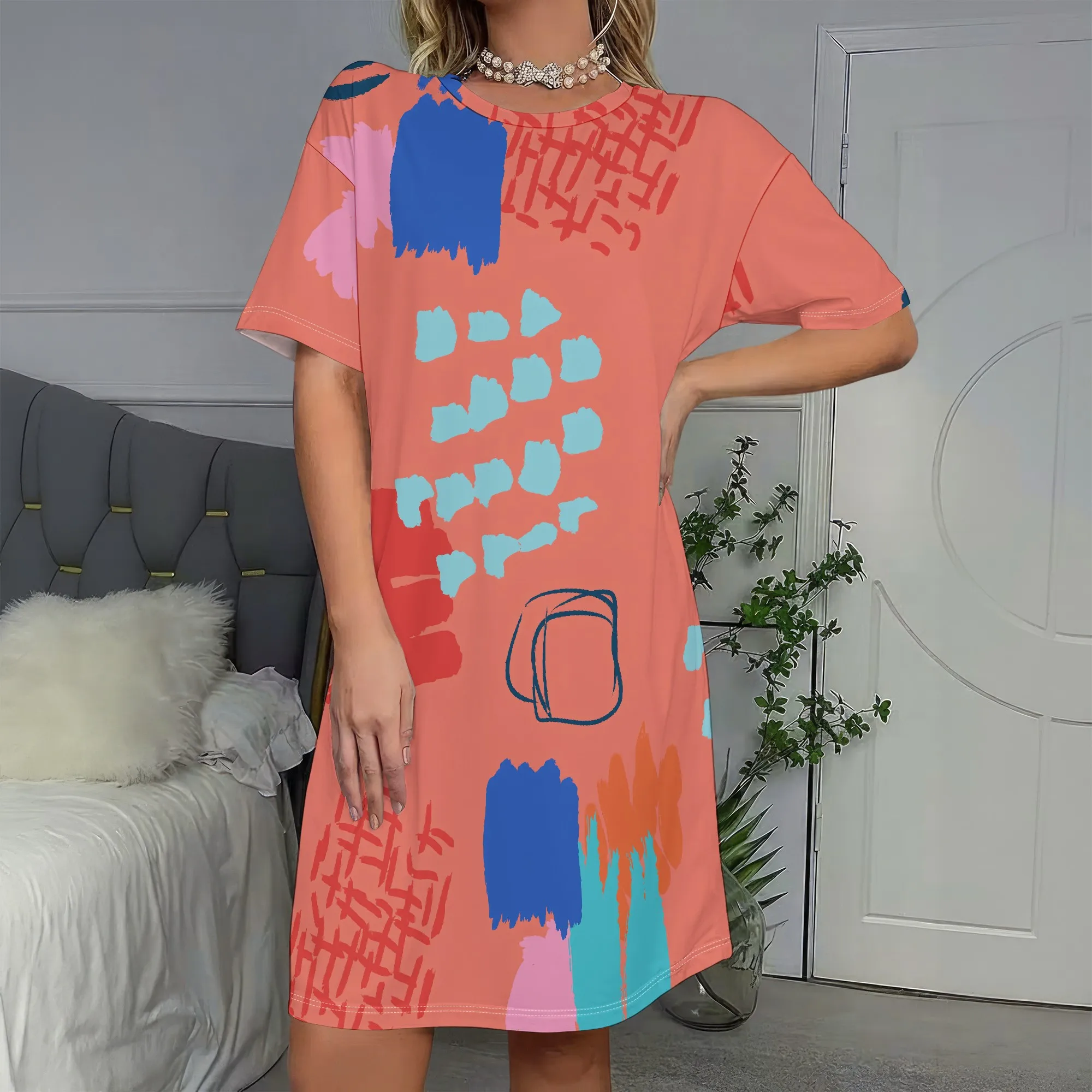 

Abstract Art Print Dress,Short Sleeve T-Shirt Dress,Colorful Pattern Shift Dress,Casual Summer Wear for Women,S-2XL