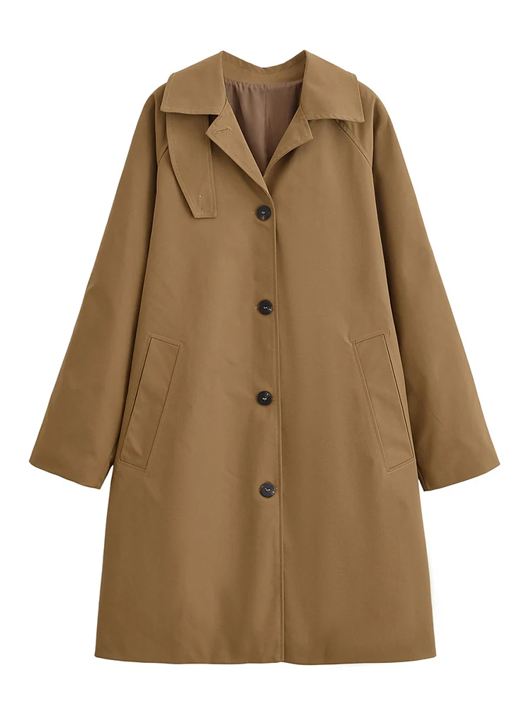 

European style new women's fashion versatile temperament simple solid color lapel button mid-length windbreaker