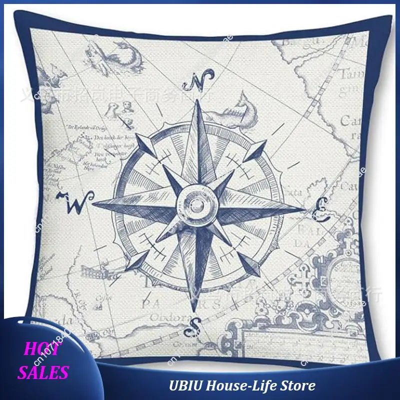 Linen Throw Pillow Cover Nautical Pattern Sailboat Compass Lighthouse Decorative Pillow Cover For Sofa Bed Home Decor-Best Selli
