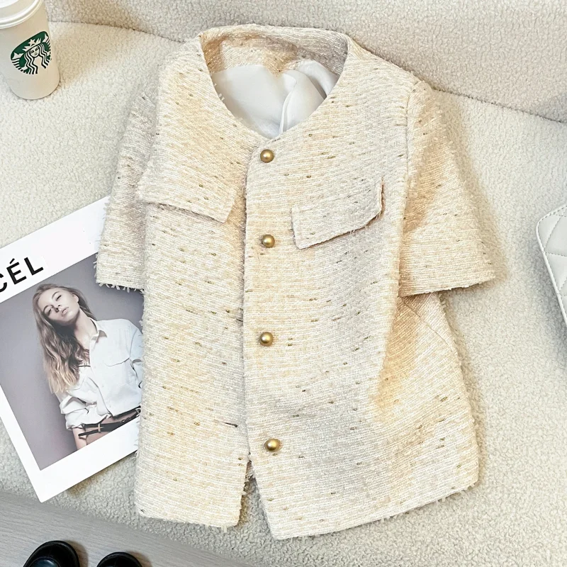 

Apricot Small Fragrance Short Coat Female Thin Summer New High Quality Casual Loose Short Sleeve Office Lady Tweed Outwear