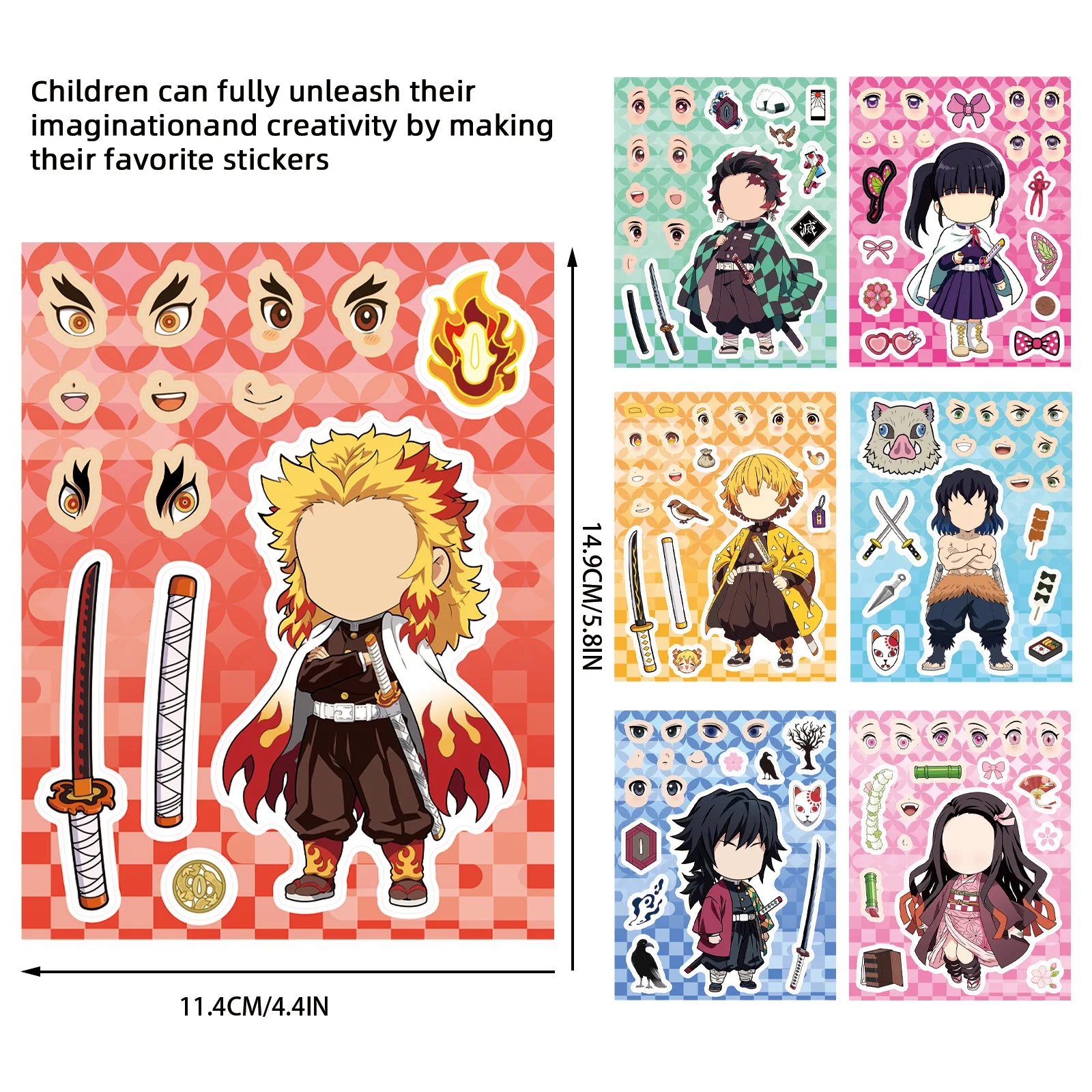 8Sheets Make a Face Demon Slayer Cartoon Puzzle Sticker DIY Phone Laptop Luggage Skateboard Graffiti Decals for Gift