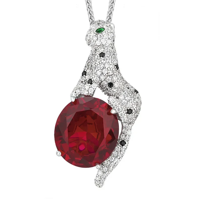 Gorgeous Crystal Leopard Shaped Pendant Necklace Blue Red Gemstone Edition Exquisite Stylish Jewelry for Fashion Conscious Women