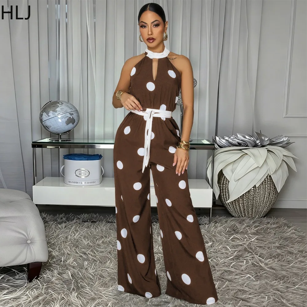 HLJ Retro Polka Dot Printting Bodycon Jumpsuit Women Halter Sleeveless Backless Rompers Casual Vacation Party Ladies Outfits New