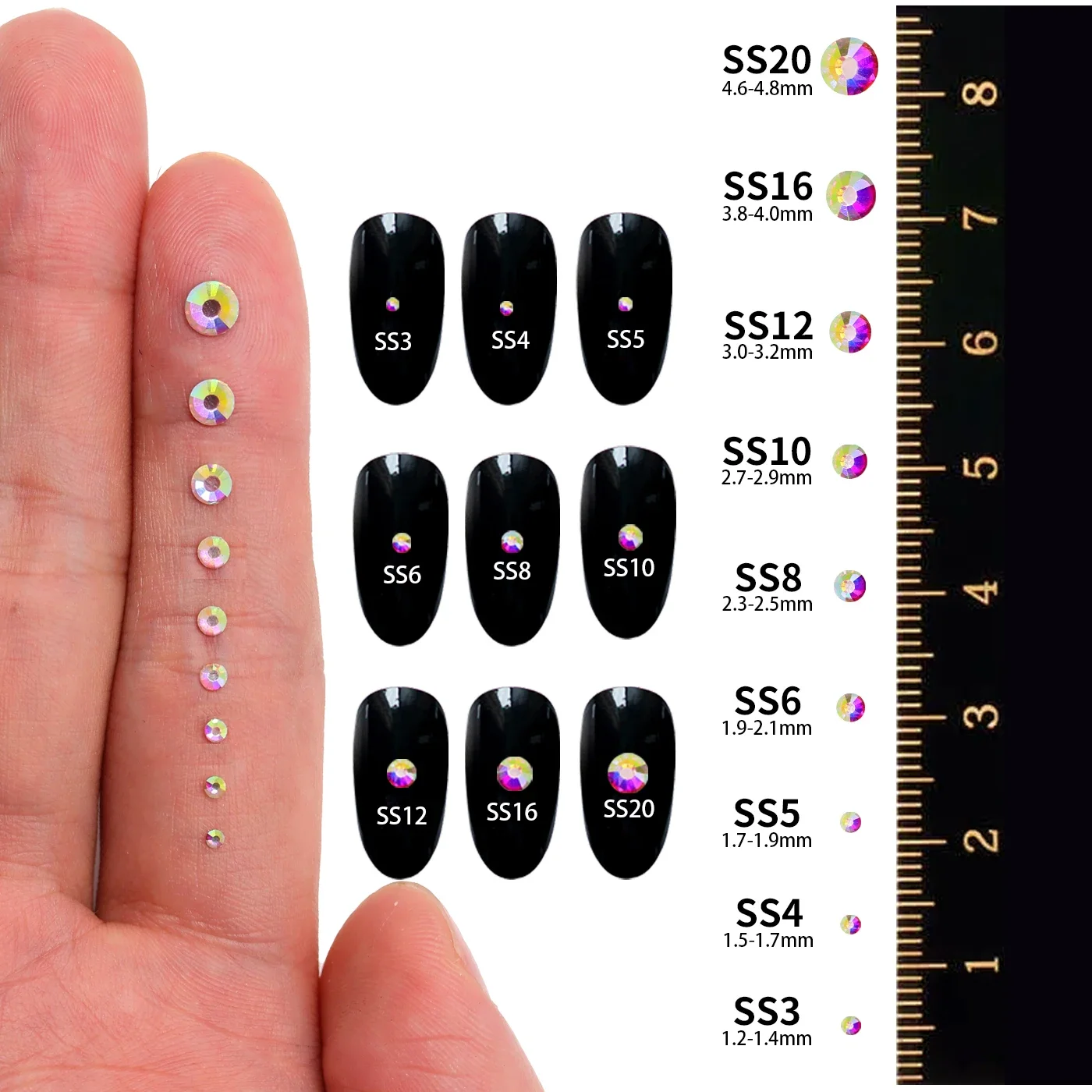 SS3-SS20 diamantes de imitación de cristal con purpurina de diamante negro, mezcla de tamaño pequeño, cristal de base plana de alta calidad para manualidades de decoración de uñas DIY