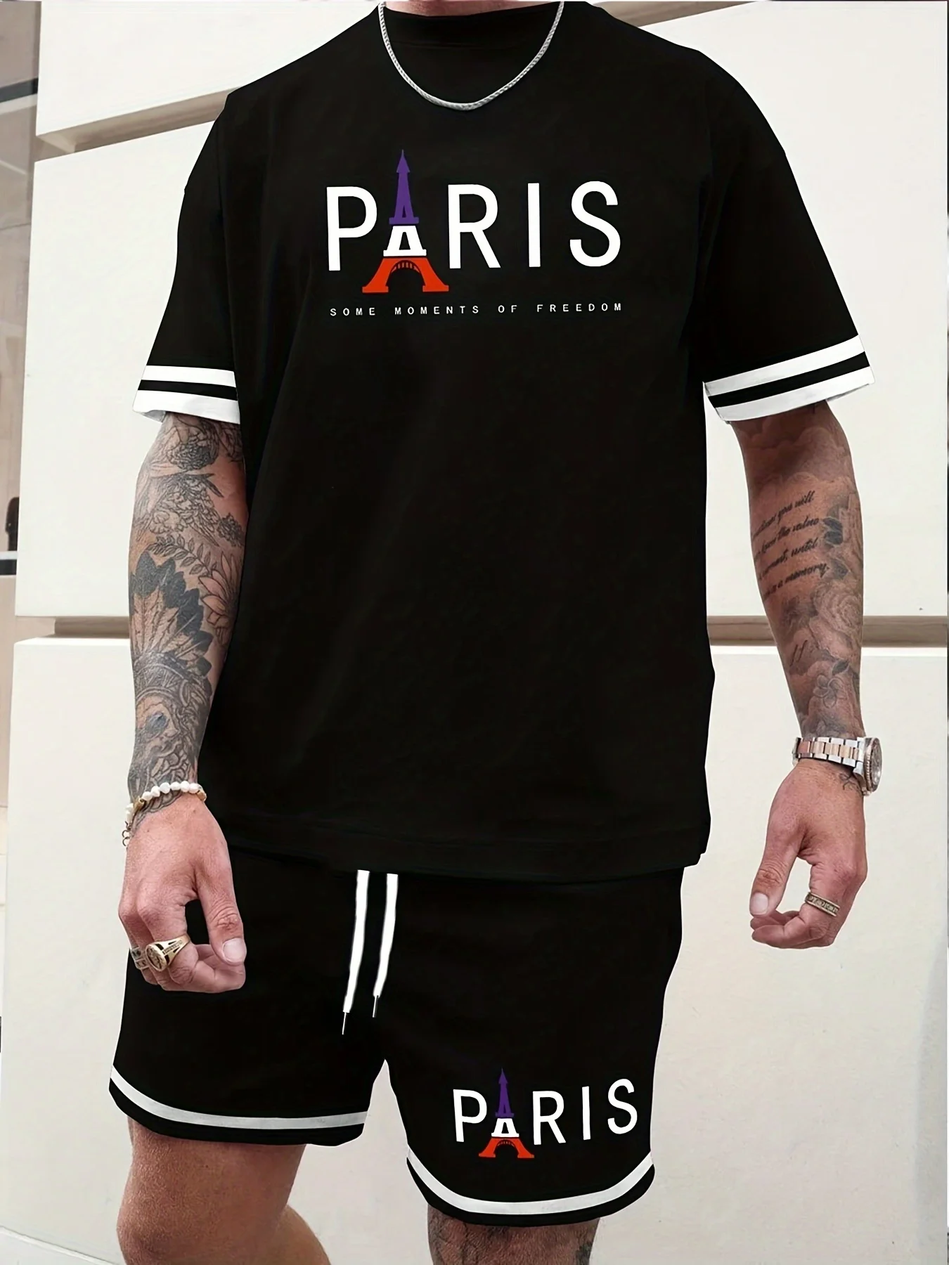 

European Men's Short Sleeved And Shorts Combination Paris Eiffel Iron Printed Suit Oversized Casual Versatile Sports Shirt