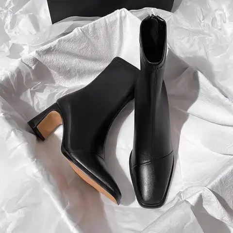Black Square Head Short Boots Women's Chunky Heel High Heel New Style French Style Slim Boot Zipper Back High Heel New Boot B...