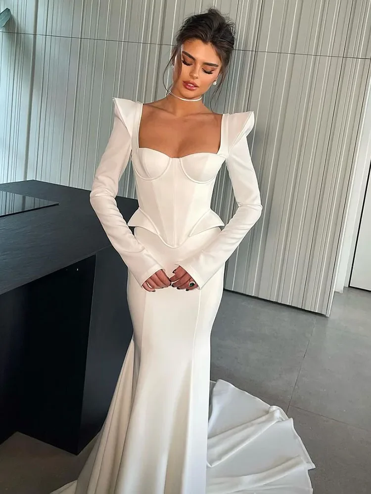 Fnoexw abiti da sposa in raso maniche lunghe corsetto abiti da sposa arabo collo quadrato abito da sposa abito su misura De Mariee 2024