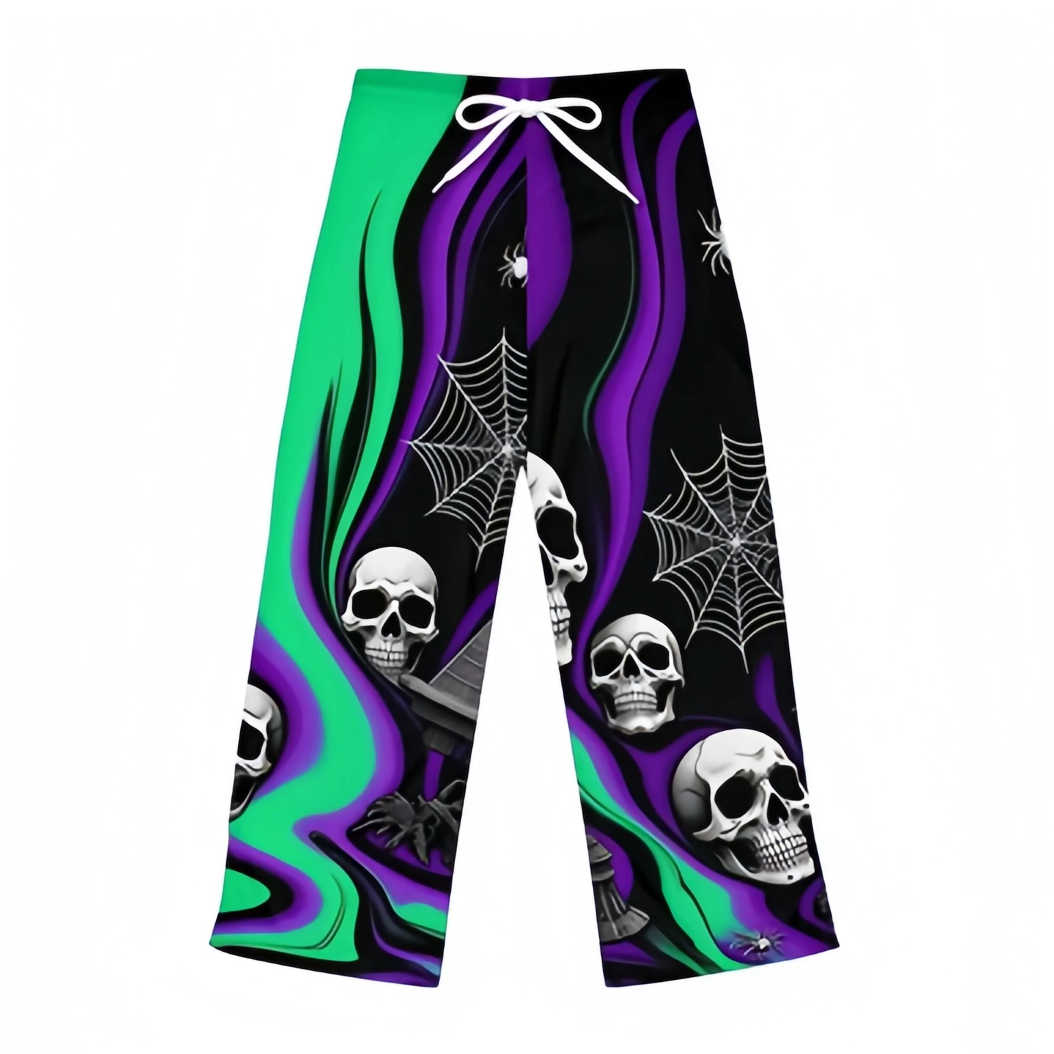 Unisex Gothic Skull Spider Web Print Psychedelic Green Purple Wave Pattern Halloween Party Horror Style Street Casual Pants